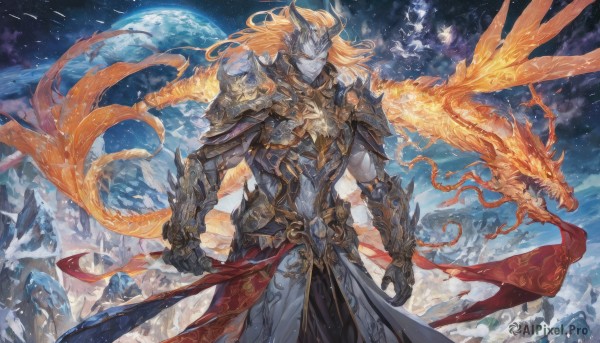 solo,long hair,blonde hair,gloves,1boy,closed mouth,standing,male focus,outdoors,wings,horns,sky,cloud,orange hair,armor,night,colored skin,moon,helmet,fire,shoulder armor,gauntlets,star (sky),night sky,facing viewer,snow,starry sky,pauldrons,ice,breastplate,mountain,dragon,vambraces,covered eyes,planet,full armor,cowboy shot,black gloves,floating hair,clenched hand,pelvic curtain,full moon,dragon horns,scales,grey skin,faulds,eastern dragon,single pauldron