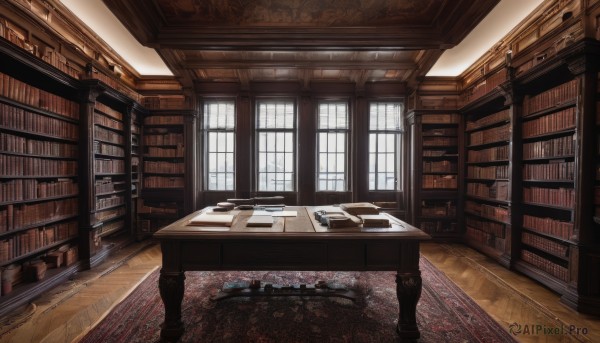 day,indoors,book,no humans,window,chair,table,sunlight,scenery,desk,light rays,wooden floor,paper,bookshelf,book stack,library,carpet,rug