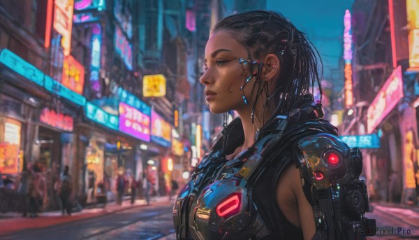 1girl, solo, long hair, black hair, upper body, outdoors, solo focus, dark skin, blurry, from side, dark-skinned female, lips, night, blurry background, science fiction, city, realistic, nose, cyborg, cyberpunk, neon lights