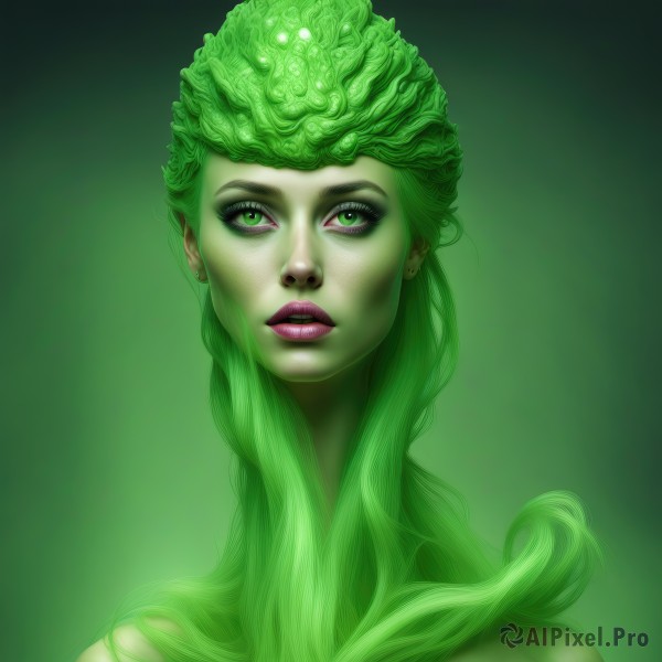 1girl,solo,long hair,looking at viewer,bare shoulders,jewelry,green eyes,upper body,earrings,parted lips,green hair,lips,gradient,gradient background,eyelashes,makeup,colored skin,watermark,lipstick,portrait,web address,eyeshadow,green background,realistic,nose,green skin,green theme,plant girl,artist name,curly hair,stud earrings,mascara,green lips