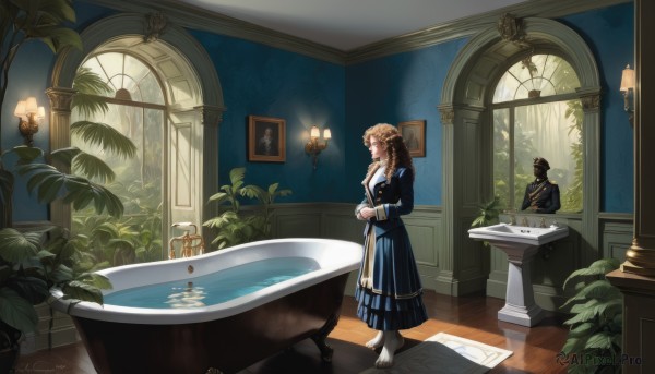 1girl,solo,long hair,blonde hair,brown hair,long sleeves,dress,jewelry,standing,braid,barefoot,indoors,water,tree,window,profile,blue dress,table,sunlight,own hands together,plant,scenery,reflection,long dress,tiles,potted plant,lamp,candle,bath,tile floor,bathtub,statue,painting (object),candlestand,fountain,holding,closed eyes,artist name,signature