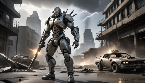 HQ,solo,1boy,holding,standing,weapon,outdoors,sky,cloud,holding weapon,armor,gun,military,no humans,glowing,cloudy sky,robot,ground vehicle,building,holding gun,mecha,motor vehicle,rifle,smoke,science fiction,city,realistic,military vehicle,car,road,ruins,tank,damaged,firing,power armor,radio antenna,truck,multiple boys,sword,helmet,glowing eyes,rain,electricity,power lines,street,lightning,puddle,energy sword