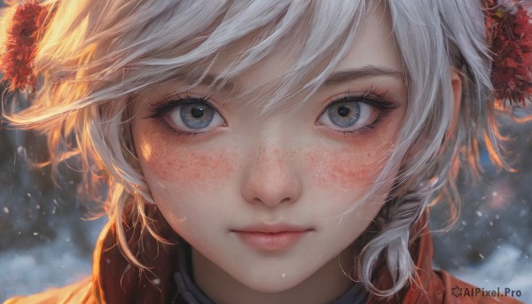 1girl,solo,looking at viewer,blush,short hair,bangs,blue eyes,hair ornament,closed mouth,flower,white hair,hair flower,blurry,lips,grey eyes,eyelashes,blurry background,portrait,snow,close-up,freckles,snowing,realistic,nose,hat,outdoors,expressionless,wind,winter