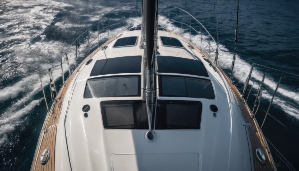 outdoors,sky,cloud,water,no humans,ocean,ground vehicle,scenery,reflection,watercraft,vehicle focus,ship,train,from above,waves,boat