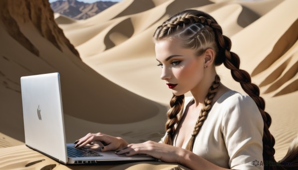 1girl,solo,long hair,breasts,smile,blue eyes,brown hair,shirt,cleavage,jewelry,medium breasts,white shirt,upper body,braid,earrings,parted lips,twin braids,lips,makeup,lipstick,forehead,sand,red lips,hair behind ear,computer,laptop,desert,multiple braids,dress,brown eyes,multicolored hair,artist name,nail polish,from side,two-tone hair,fingernails,eyelashes,looking down,instrument,ear piercing,black nails,eyeshadow,realistic,nose,stud earrings,mascara