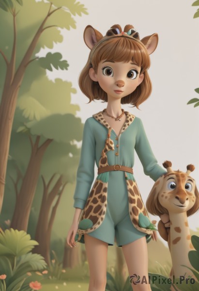 1girl,solo,looking at viewer,short hair,bangs,blue eyes,brown hair,shirt,long sleeves,dress,animal ears,brown eyes,jewelry,closed mouth,standing,flower,outdoors,shorts,day,belt,necklace,flat chest,tree,lips,animal,grass,blue shirt,child,nature,furry,forest,furry female,smile,hairband,artist name,crown,extra ears