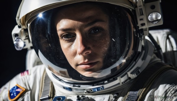 1girl,solo,looking at viewer,black hair,brown eyes,closed mouth,upper body,blurry,black eyes,lips,depth of field,helmet,black background,portrait,freckles,reflection,realistic,space,planet,spacesuit,space helmet,astronaut,1boy,male focus,star (sky),close-up,science fiction,serious,earth (planet),american flag,japanese flag