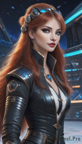 1girl,solo,long hair,breasts,looking at viewer,brown hair,long sleeves,cleavage,brown eyes,jewelry,medium breasts,upper body,earrings,artist name,necklace,orange hair,blurry,lips,bodysuit,makeup,night,blurry background,lipstick,goggles,gem,zipper,freckles,goggles on head,realistic,unzipped,red lips,bangs,hair ornament,very long hair,closed mouth,jacket,partially unzipped