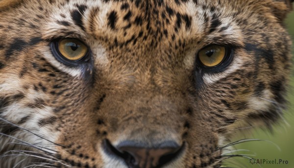 solo,looking at viewer,yellow eyes,signature,blurry,no humans,depth of field,animal,cat,portrait,close-up,colored sclera,blurry foreground,realistic,animal focus,yellow sclera,whiskers,tiger,simple background,closed mouth