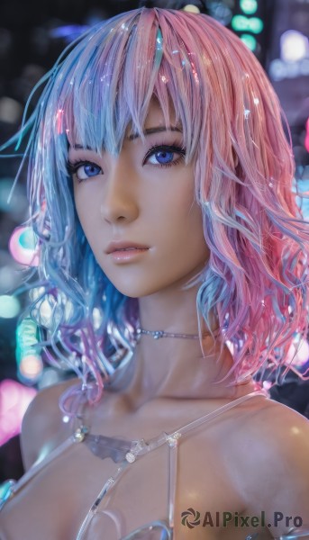 1girl,solo,breasts,looking at viewer,short hair,bangs,blue eyes,cleavage,bare shoulders,jewelry,medium breasts,blue hair,collarbone,upper body,pink hair,multicolored hair,parted lips,choker,medium hair,necklace,blurry,two-tone hair,lips,eyelashes,gradient hair,depth of field,blurry background,halterneck,portrait,pink lips,realistic,nose,large breasts,swimsuit,bikini,teeth,artist name,signature,see-through,night,watermark,wavy hair,water drop,bokeh