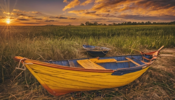 outdoors,sky,cloud,water,no humans,ocean,cloudy sky,grass,scenery,sunset,sun,watercraft,field,river,ship,boat,tree,sunlight,nature,horizon,landscape