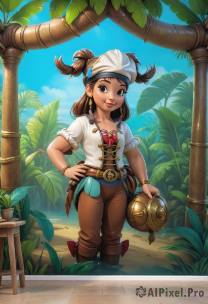 1girl,solo,long hair,breasts,looking at viewer,smile,brown hair,shirt,hat,bow,holding,brown eyes,jewelry,standing,collarbone,white shirt,short sleeves,earrings,boots,outdoors,sky,day,belt,pants,cloud,dark skin,water,bracelet,dark-skinned female,two side up,tree,blue sky,lips,hand on hip,makeup,ocean,leaf,watermark,beach,brown footwear,plant,lipstick,web address,wading,pouch,nose,bandana,palm tree,red lips,bangle,brown pants,twintails,jacket,small breasts,potted plant,pirate,barrel,watering can