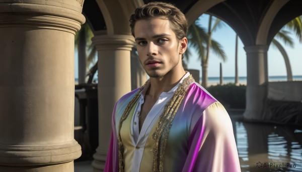 HQ,solo,looking at viewer,short hair,brown hair,shirt,1boy,brown eyes,jewelry,closed mouth,white shirt,upper body,male focus,outdoors,sky,day,collared shirt,water,blurry,vest,tree,lips,blurry background,facial hair,beard,reflection,realistic,palm tree,pillar,statue,arch,column,blue eyes,blonde hair,sunlight,robe,mustache,animification