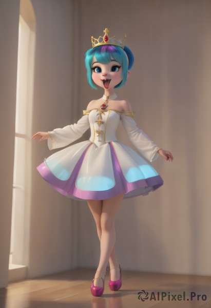 1girl,solo,breasts,looking at viewer,smile,short hair,open mouth,bangs,blue eyes,skirt,long sleeves,dress,bare shoulders,jewelry,blue hair,standing,full body,purple hair,:d,multicolored hair,small breasts,detached sleeves,shoes,teeth,tongue,indoors,hair bun,nail polish,white dress,two-tone hair,fingernails,strapless,aqua hair,gradient hair,makeup,detached collar,fangs,crossed legs,tiara,crown,brooch,gem,strapless dress,red nails,eyeshadow,personification,white sleeves,watson cross,ballerina,ballet slippers,tutu,upper teeth only,pink footwear,princess