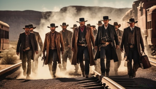 hat,holding,jacket,weapon,male focus,boots,outdoors,multiple boys,necktie,belt,pants,vest,coat,gun,facial hair,formal,suit,ground vehicle,beard,handgun,smoke,walking,6+boys,mustache,road,holster,cowboy hat,revolver,suitcase,railroad tracks,briefcase,cowboy western,shirt,glasses,bag,holding weapon,black jacket,black headwear,black pants,sunglasses,building,holding gun,black necktie,black coat,top hat,house,street,fedora,train