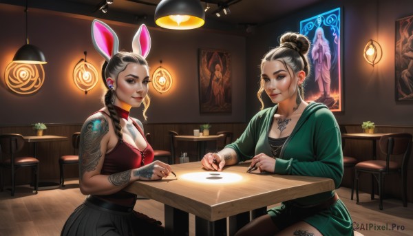 long hair,breasts,smile,multiple girls,skirt,large breasts,black hair,2girls,animal ears,cleavage,jewelry,medium breasts,sitting,braid,earrings,shorts,choker,indoors,necklace,hair bun,nail polish,rabbit ears,lips,tattoo,makeup,chair,piercing,table,single hair bun,ring,tank top,plant,ear piercing,eyeshadow,nose,lamp,arm tattoo,shoulder tattoo,earphones,stool,hair pulled back,leg tattoo,dress,grey hair,sweater,fake animal ears,crossover,science fiction,realistic,rabbit girl,alternate universe,updo,mohawk