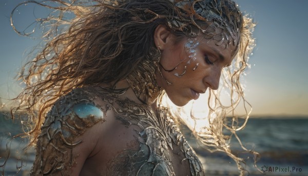 1girl,solo,long hair,blue eyes,brown hair,black hair,jewelry,closed mouth,closed eyes,upper body,earrings,outdoors,parted lips,sky,day,dark skin,water,mole,blurry,from side,dark-skinned female,lips,profile,makeup,floating hair,depth of field,blurry background,ocean,wavy hair,half-closed eyes,portrait,eyeshadow,backlighting,freckles,curly hair,realistic,nose,fantasy,breasts,blonde hair,medium breasts,armor,blue sky,eyelashes,beach,looking down,shoulder armor,horizon