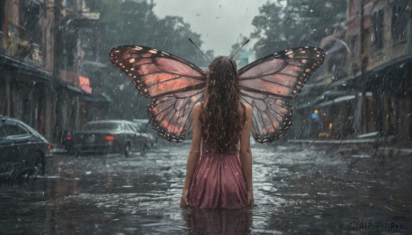 1girl, solo, long hair, brown hair, dress, outdoors, wings, artist name, from behind, tree, umbrella, ground vehicle, building, motor vehicle, rain, city, antennae, facing away, car, road, street, butterfly wings, insect wings