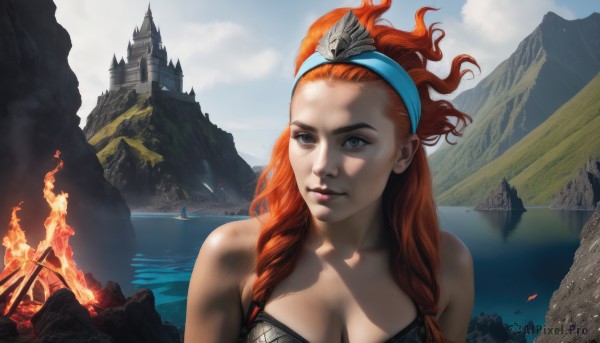 1girl,solo,long hair,breasts,looking at viewer,smile,blue eyes,large breasts,cleavage,bare shoulders,medium breasts,upper body,red hair,hairband,outdoors,sky,day,cloud,water,orange hair,armor,mole,blue sky,lips,grey eyes,shadow,fire,freckles,mole on breast,rock,mountain,realistic,nose,fantasy,watercraft,blue hairband,river,castle,ocean,scenery,boat