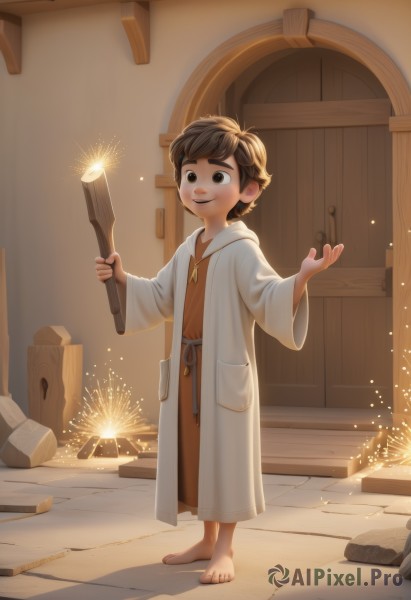 solo,smile,short hair,brown hair,long sleeves,1boy,holding,brown eyes,closed mouth,standing,full body,male focus,barefoot,indoors,thick eyebrows,child,robe,door,magic,male child,fireworks,stick,open mouth,black hair,artist name,hood,toes,shadow,rock,white robe,sparks,stone floor,sparkler