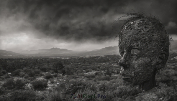 solo,1boy,standing,monochrome,greyscale,outdoors,sky,cloud,water,armor,no humans,ocean,cloudy sky,scenery,1other,monster,mountain,giant,waves,ambiguous gender,flower,from side,field,landscape