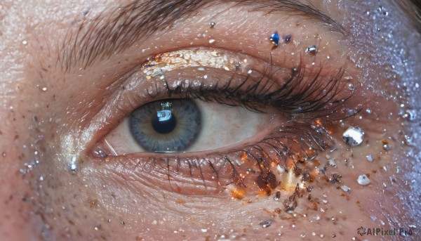 1girl,solo,looking at viewer,blue eyes,teeth,eyelashes,gem,light particles,close-up,reflection,water drop,eye focus,1other,crystal