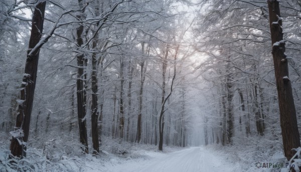 monochrome, outdoors, tree, no humans, traditional media, nature, scenery, snow, forest, winter, bare tree