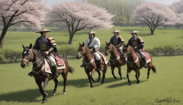 hat,male focus,outdoors,japanese clothes,multiple boys,day,sword,kimono,armor,tree,animal,helmet,grass,cherry blossoms,6+boys,riding,japanese armor,horse,samurai,horseback riding,reins,saddle,brown hair,holding,weapon,sky,holding weapon,bandages,katana,hakama,scenery,4boys,bow (weapon),straw hat,5boys,field,jingasa