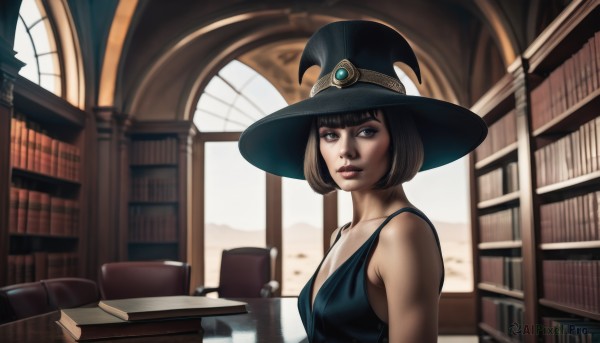 1girl,solo,breasts,looking at viewer,short hair,bangs,blue eyes,brown hair,black hair,hat,dress,cleavage,bare shoulders,brown eyes,upper body,sleeveless,indoors,blunt bangs,blurry,black dress,lips,book,window,black headwear,witch hat,bob cut,realistic,nose,bookshelf,witch,book stack,library,small breasts,black eyes,cup,makeup,chair,table