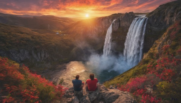 A ethereal sunset outdoors showcasing a waterfall