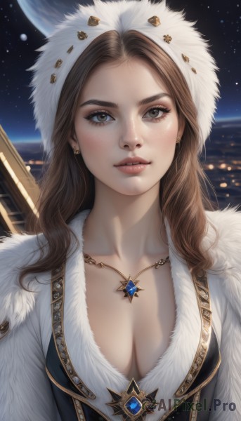 1girl,solo,long hair,breasts,looking at viewer,brown hair,hat,cleavage,brown eyes,jewelry,medium breasts,collarbone,upper body,earrings,parted lips,sky,necklace,lips,coat,fur trim,eyelashes,night,moon,gem,star (sky),night sky,pendant,starry sky,freckles,realistic,nose,fur hat,city lights,hood,space,planet