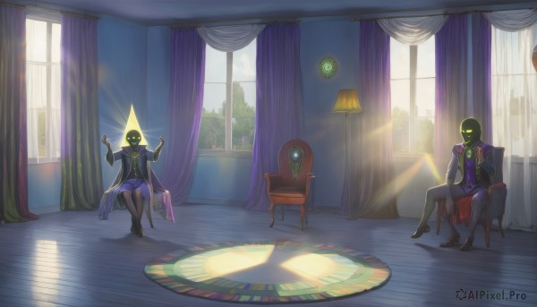 1girl,skirt,blonde hair,gloves,1boy,sitting,jacket,necktie,day,pants,indoors,black footwear,window,mask,glowing,chair,formal,sunlight,crossed legs,suit,curtains,glowing eyes,clock,lamp,multiple boys,2boys,tree,no humans,scenery,throne