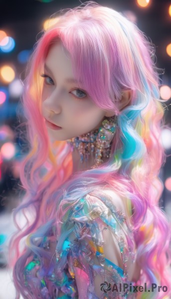 A female surrounded by a captivating dynamic scene