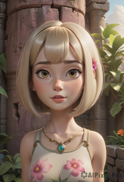 1girl,solo,breasts,looking at viewer,blush,smile,short hair,bangs,blonde hair,shirt,hair ornament,bare shoulders,brown eyes,jewelry,medium breasts,collarbone,yellow eyes,upper body,flower,outdoors,parted lips,sky,sleeveless,day,artist name,cloud,hair flower,necklace,blue sky,lips,eyelashes,sleeveless shirt,makeup,leaf,floral print,bob cut,thick eyebrows,plant,lipstick,gem,pink flower,pendant,freckles,pink lips,nose,red lips,wall,vines,brick wall,orange flower,mascara,ivy,teeth,pillar