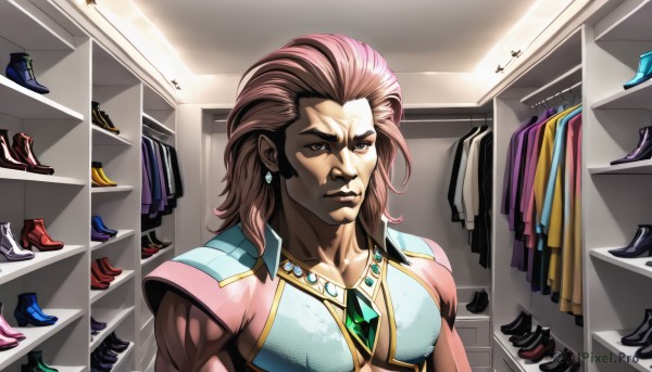 solo,long hair,looking at viewer,brown hair,1boy,brown eyes,jewelry,closed mouth,collarbone,upper body,male focus,earrings,indoors,necklace,muscular,gem,manly,shelf,clothes,shoes,dark skin,dark-skinned male,araki hirohiko (style)