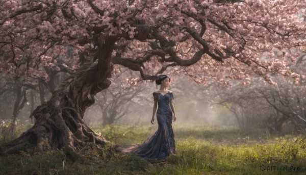 1girl, solo, blonde hair, dress, standing, outdoors, tree, blue dress, grass, cherry blossoms, nature, scenery