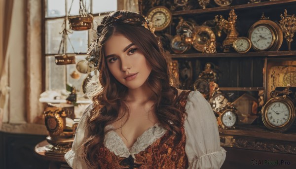 1girl,solo,long hair,breasts,looking at viewer,smile,brown hair,shirt,hair ornament,long sleeves,dress,cleavage,brown eyes,medium breasts,closed mouth,collarbone,white shirt,upper body,puffy sleeves,artist name,indoors,signature,cup,lips,eyelashes,window,wavy hair,table,curtains,corset,plate,curly hair,realistic,nose,clock,steampunk,braid,blurry,blurry background,phone,lamp,corded phone