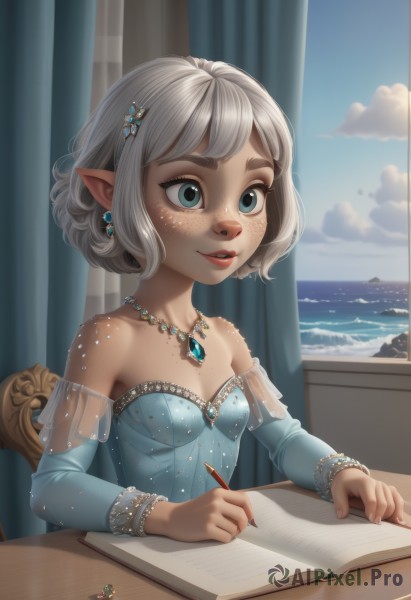 1girl,solo,breasts,smile,short hair,bangs,blue eyes,hair ornament,long sleeves,dress,holding,bare shoulders,jewelry,sitting,collarbone,upper body,white hair,grey hair,earrings,small breasts,parted lips,detached sleeves,sky,teeth,day,pointy ears,artist name,cloud,indoors,water,necklace,blue sky,lips,book,eyelashes,window,strapless,makeup,blue dress,ocean,chair,beach,table,thick eyebrows,curtains,elf,gem,desk,pendant,freckles,open book,nose,pen,pencil,pearl necklace,drawing,holding pen,mascara,writing,cleavage,nail polish,mole,bracelet,watermark,strapless dress,web address,body freckles