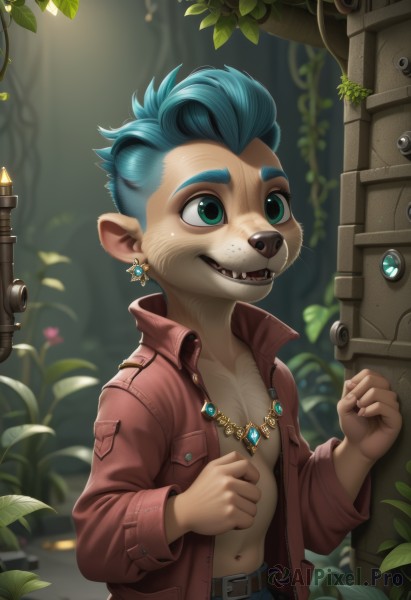 solo,smile,open mouth,1boy,navel,animal ears,jewelry,green eyes,blue hair,jacket,male focus,earrings,outdoors,open clothes,teeth,belt,necklace,blurry,open jacket,leaf,fangs,plant,sharp teeth,red jacket,furry,clenched hands,freckles,furry male,male child,leather,mohawk,buck teeth,blue eyes,pointy ears,artist name,watermark,topless male