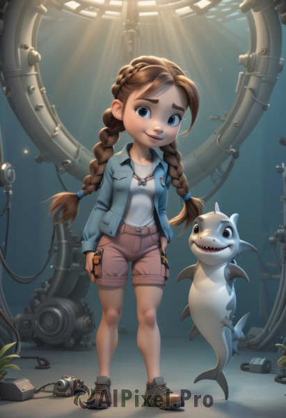 1girl,solo,long hair,looking at viewer,smile,open mouth,blue eyes,brown hair,shirt,gloves,twintails,jewelry,standing,jacket,full body,white shirt,braid,shoes,shorts,teeth,artist name,fingerless gloves,necklace,twin braids,open jacket,thick eyebrows,sneakers,child,pendant,freckles,camera,female child,long sleeves,indoors,lips,brown footwear,phone,sunlight,cellphone,smartphone,light rays,hands in pockets,brown shorts