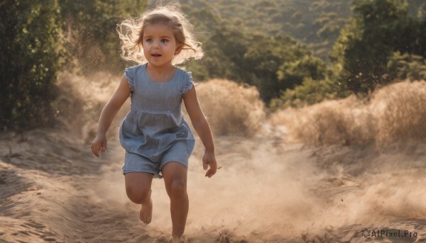 1girl,solo,long hair,short hair,open mouth,blue eyes,blonde hair,brown hair,dress,outdoors,shorts,barefoot,teeth,water,blurry,tree,floating hair,child,nature,forest,walking,running,rock,realistic,sand,female child,looking at viewer,shirt,pointy ears,blue shirt,elf,blue shorts