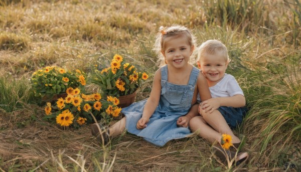 1girl,looking at viewer,smile,short hair,open mouth,blue eyes,multiple girls,blonde hair,brown hair,shirt,hair ornament,1boy,dress,2girls,sitting,white shirt,flower,short sleeves,outdoors,shorts,teeth,sleeveless,day,siblings,sandals,grass,t-shirt,child,twins,injury,realistic,yellow flower,sunflower,female child,overalls,male child,field,on ground,flower field,blue overalls,bow,closed eyes,white hair,hair bow,grin,mother and daughter,father and daughter,baby