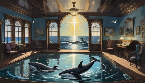 sitting,sky,day,cloud,indoors,water,book,no humans,window,bird,ocean,animal,chair,table,sunlight,scenery,reflection,fish,light rays,sun,light,lamp,watercraft,picture frame,waves,painting (object),shark,whale,picture (object),dolphin,wooden floor,candle