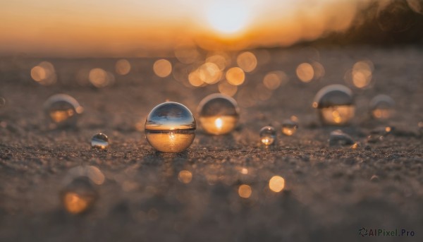 outdoors, blurry, no humans, depth of field, scenery, lens flare, reflection, planet, bokeh