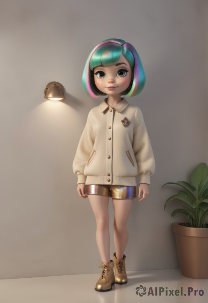 1girl,solo,looking at viewer,smile,short hair,bangs,shirt,long sleeves,brown eyes,closed mouth,standing,full body,white shirt,pink hair,multicolored hair,hairband,boots,green hair,shoes,shorts,collared shirt,indoors,blunt bangs,two-tone hair,streaked hair,aqua hair,buttons,shadow,brown footwear,bob cut,cardigan,plant,bike shorts,child,cross-laced footwear,personification,arms at sides,lace-up boots,female child,ankle boots,potted plant,lamp,button badge,light bulb,blush,lips,bandaid,brown shorts