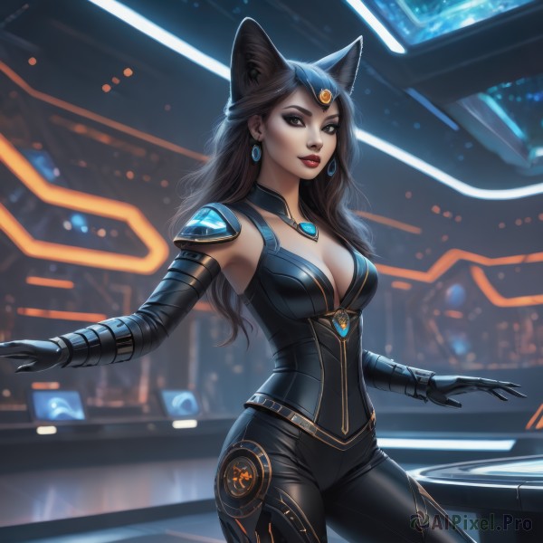 1girl,solo,long hair,breasts,looking at viewer,large breasts,brown hair,black hair,gloves,animal ears,cleavage,brown eyes,jewelry,medium breasts,closed mouth,standing,cowboy shot,earrings,black gloves,elbow gloves,artist name,cat ears,armor,blurry,lips,bodysuit,makeup,blurry background,outstretched arms,lipstick,shoulder armor,gem,pauldrons,circlet,black bodysuit,red lips,hair ornament,pants,armpits,black eyes,fake animal ears,wavy hair,black pants,web address,eyeshadow,backlighting,contrapposto,curly hair,realistic,nose,mechanical ears