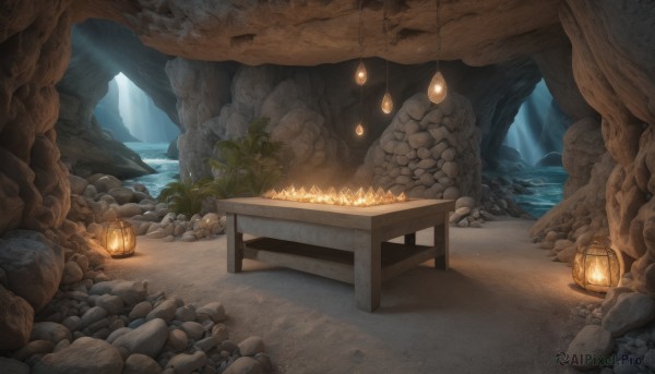 outdoors,water,tree,no humans,chair,table,sunlight,plant,nature,scenery,lantern,rock,sand,light,lamp,cave,stone,glowing,crystal,fantasy,waterfall,cliff