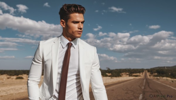 solo,short hair,brown hair,shirt,black hair,long sleeves,1boy,jacket,white shirt,upper body,male focus,outdoors,necktie,sky,day,collared shirt,cloud,dark skin,blurry,blue sky,blurry background,facial hair,formal,dark-skinned male,suit,red necktie,hand in pocket,realistic,labcoat,brown necktie,open clothes,lips,looking to the side,dress shirt,cloudy sky,sand,desert