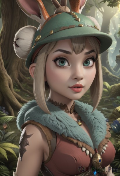 1girl,solo,breasts,looking at viewer,smile,short hair,bangs,blue eyes,blonde hair,hair ornament,hat,animal ears,bare shoulders,jewelry,medium breasts,closed mouth,green eyes,upper body,sidelocks,outdoors,parted lips,sleeveless,artist name,necklace,hair bun,rabbit ears,tree,lips,fur trim,eyelashes,tattoo,single hair bun,feathers,nature,forest,freckles,fur collar,nose,green headwear,red lips,ears through headwear,choker,day,covered nipples,double bun,makeup,fake animal ears,thick eyebrows,helmet