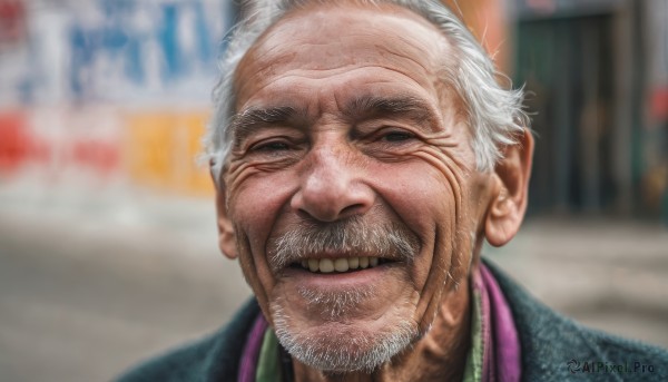 solo,looking at viewer,smile,1boy,white hair,grey hair,male focus,outdoors,parted lips,teeth,blurry,black eyes,depth of field,blurry background,facial hair,portrait,beard,meme,realistic,mustache,old,old man,wrinkled skin,signature,grin,lips,grey eyes,half-closed eyes,nose,manly